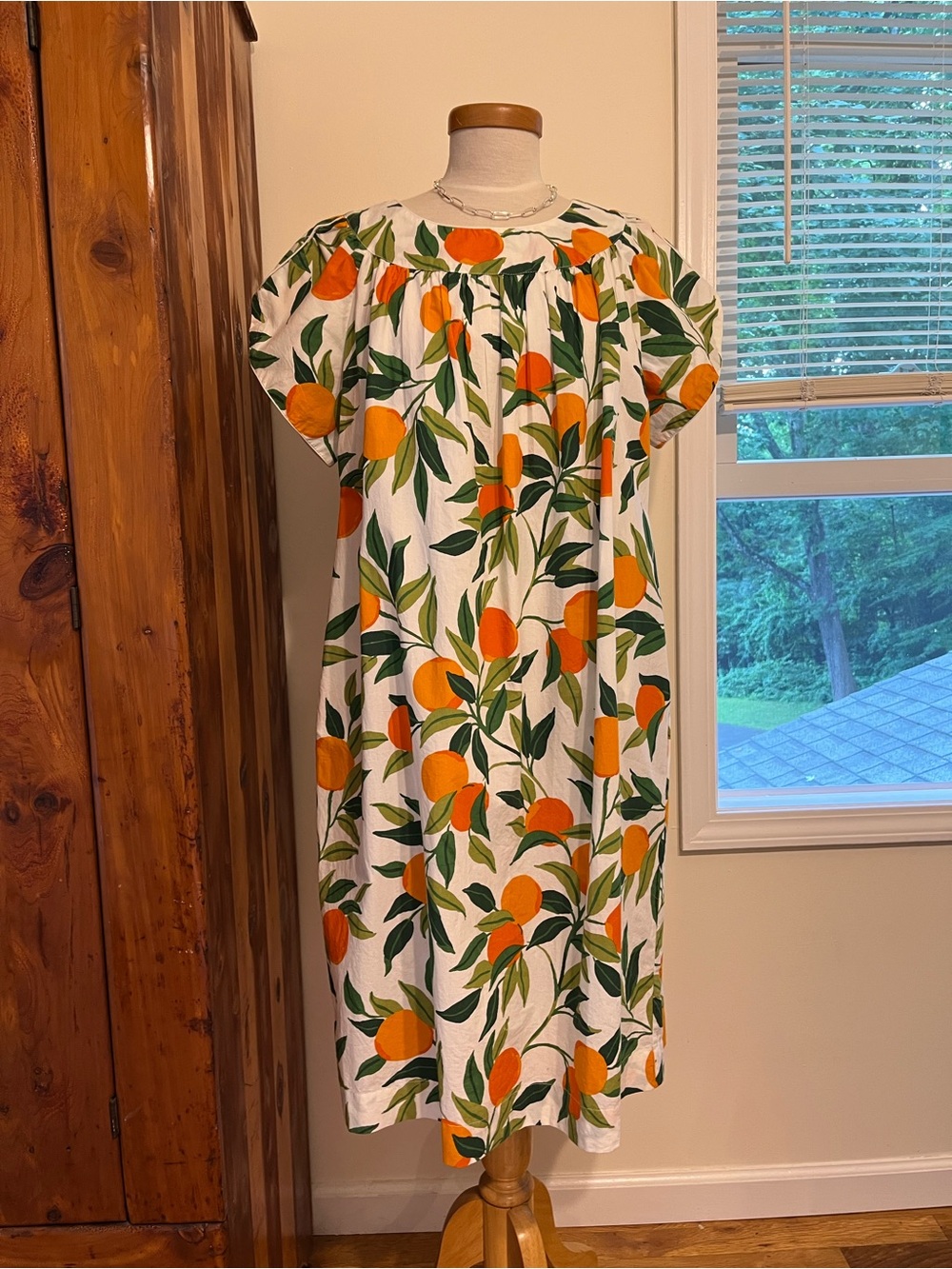 PRINTFRESH NWT Women’s Orange Print Short Sleeve Dress w/side pockets 100% Cotto